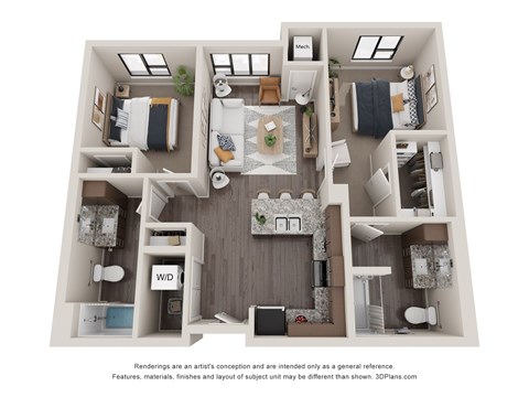A 3D floor plan of a house with a kitchen, living room, dining room, and two bedrooms.